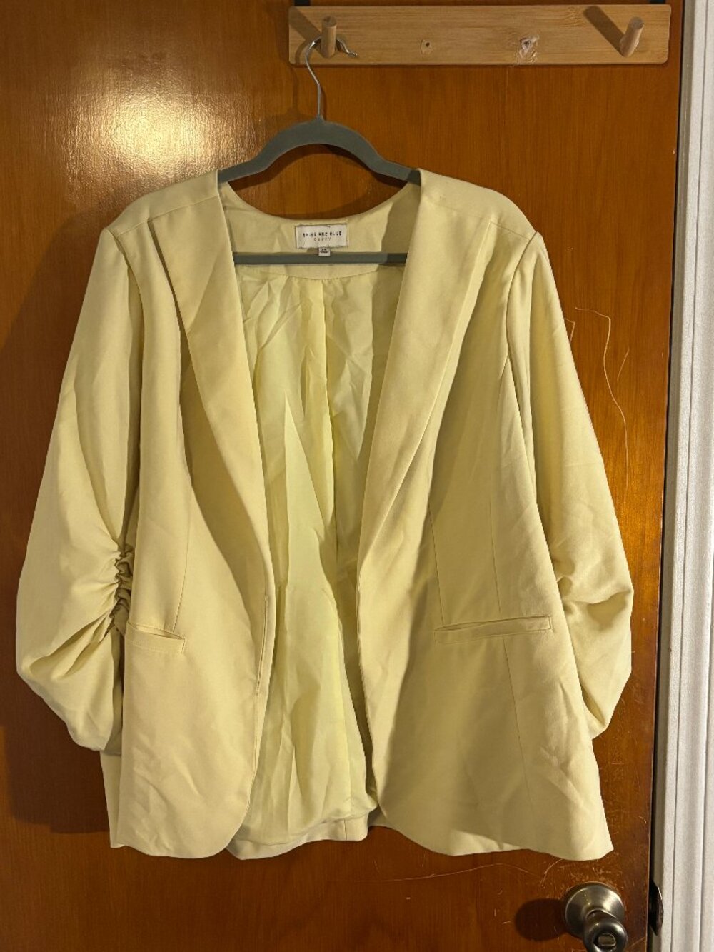 Skies Are Blue Soft Yellow Ruched Sleeve Open Front Blazer Jacket 2X